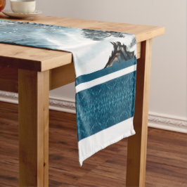 Camino De Mesa Corto Pintura de las Montañas Chinoiserie Blue Classic