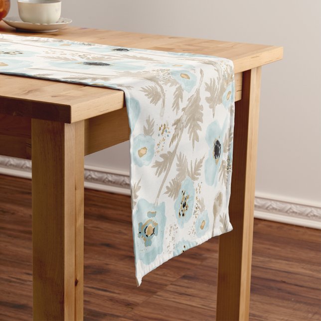 Camino De Mesa Corto Poppies Blue Tan Floral Pattern Decour (Light Blue Tan Watercolor Floral Pattern Poppies Short Table Runner from Studio Posies. )