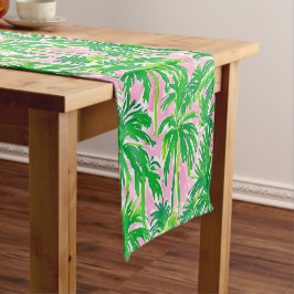Camino De Mesa Corto Preppy Palma Verde Rosa | Costero Tropical