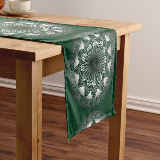 Camino De Mesa Corto Ramadan Mandala Dark Green Table Runner (In Situ)