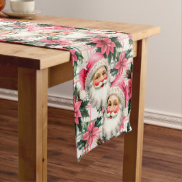 Camino De Mesa Corto Retro Rosa Santa Claus Navidades Floral Plaid