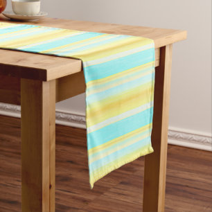 Camino De Mesa Corto Sunny Summer Yellow Aqua Blue Watercolor Stripes