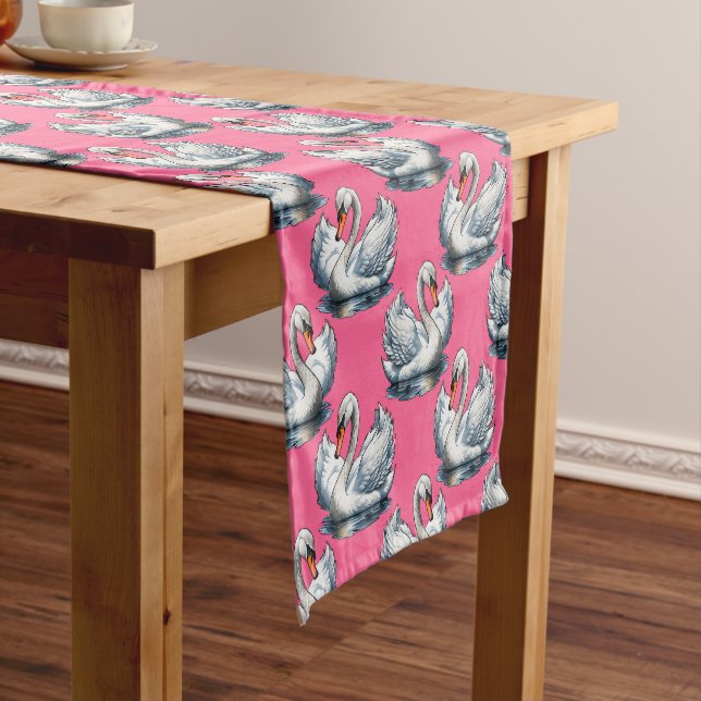 Camino De Mesa Corto Swan Birds Pattern Design On Pink (In Situ)