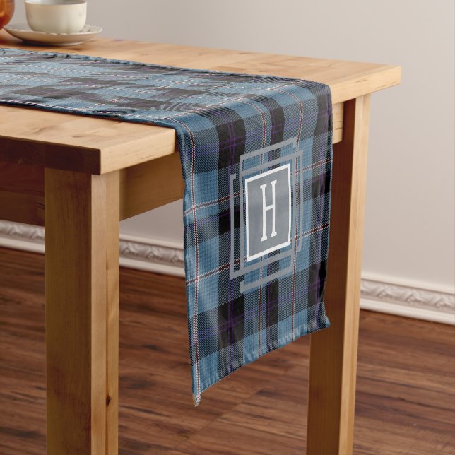 Camino De Mesa Corto Tartan Monograma Azul Negro (In Situ)