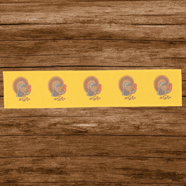 Camino De Mesa Corto Thanksgiving Male Turkey Colourful Feathers Gold (Row of male turkeys brown orange feathers on gold table runner for Thanksgiving.)