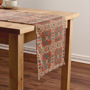 Camino De Mesa Corto Verde Turquesa Óxido Naranja Beige Marrón Rojo Art