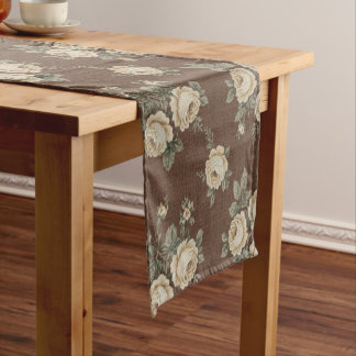 Camino De Mesa Corto Vintage Cream Roses on Mocha Brown Pattern