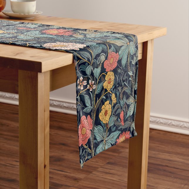 Camino De Mesa Corto William Morris Blue Teal Arts & Crafts Floral (In Situ)