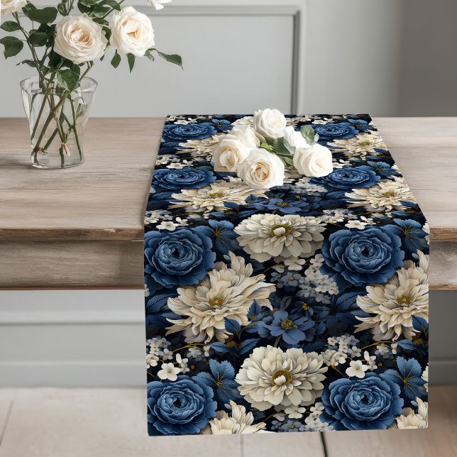 Camino De Mesa Largo Blue and Ivory Floral Modern Table Runner (Blue and Ivory Floral Modern Table Runner)