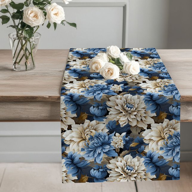 Camino De Mesa Largo Blue and White Flowers Chic Table Runner (Blue and White Flowers Chic Table Runner)