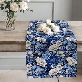 Camino De Mesa Largo Blue and White Flowers Elegant Table Runner