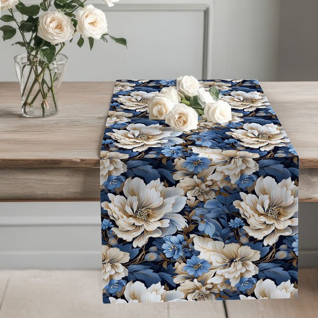Camino De Mesa Largo Blue Flowers Ivory Elegant Dining Table Runner (Blue Flowers Ivory Elegant Dining Table Runner)