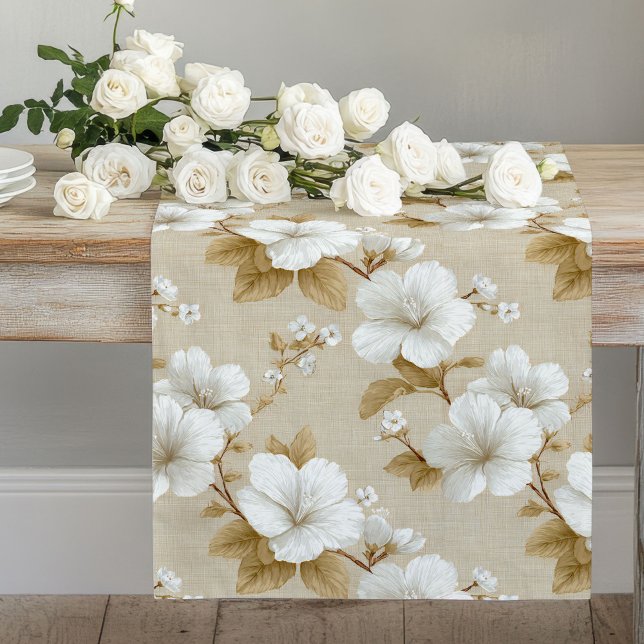 Camino De Mesa Largo Boho Neutral White Flowers Table Runner (Boho Neutral White Flowers Table Runner)