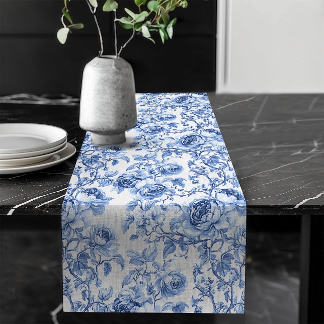 Camino De Mesa Largo Chic Blue Roses Toile Floral Pattern Style Table  (Chic Blue Roses Toile Floral Pattern Style Table Runner)
