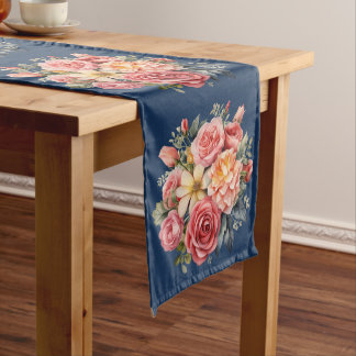 Camino De Mesa Largo Classic Pink Roses on Blue Background Table Runner