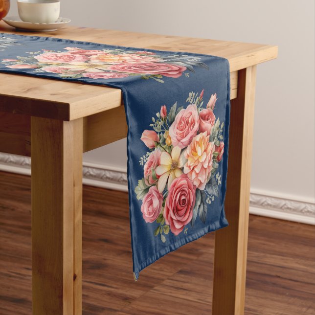Camino De Mesa Largo Classic Pink Roses on Blue Background Table Runner (In Situ)