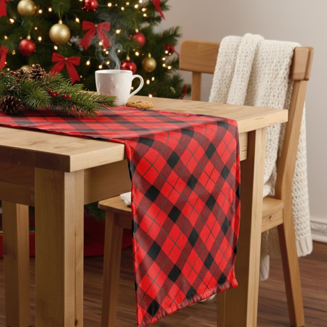 Camino De Mesa Largo Colocación diagonal de Navidades negros y verdes (Diagonal Red Black & Green Christmas Plaid Long Table Runner)