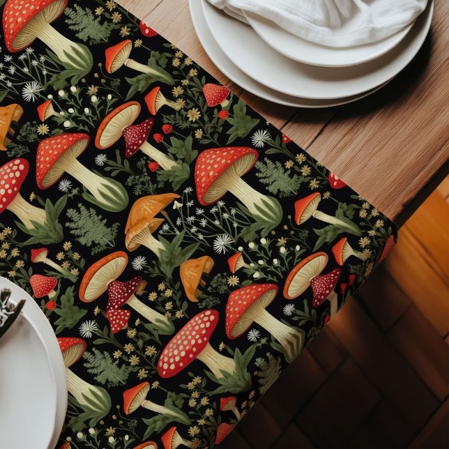Camino De Mesa Largo Custom Rustic Table Runner Mushrooms & Moss Art (Custom Rustic Table Runner Mushrooms & Moss Art)