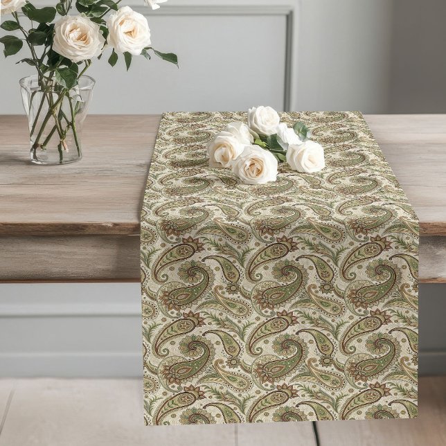 Camino De Mesa Largo Detalles de la impresión Boho Earthy Paisley Marró (Boho Earthy Paisley Print Details Sage Green Brown Long Table Runner)