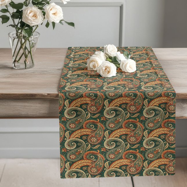 Camino De Mesa Largo Earthy Paisley Boho Dark Green Copper Sage (Earthy Paisley Boho Dark Green Brown Copper Sage Long Table Runner)