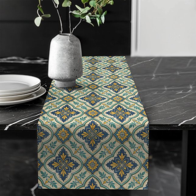 Camino De Mesa Largo Elegante patrón de mosaico mediterráneo verde past (Elegant Mediterranean Tile Pattern pastel green Long Table Runner)