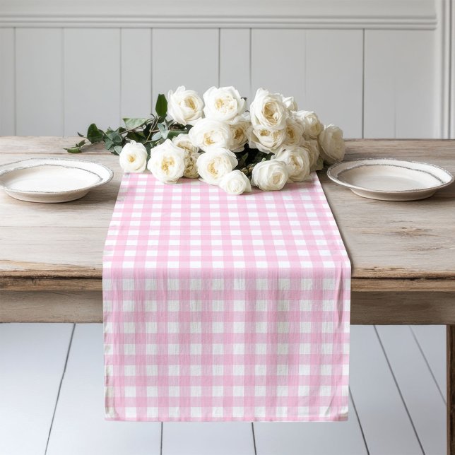 Camino De Mesa Largo Estilo de cabaña suave rosado de Gingham (Pink Plaid Checkered Runner Rustic Farmhouse Decor)