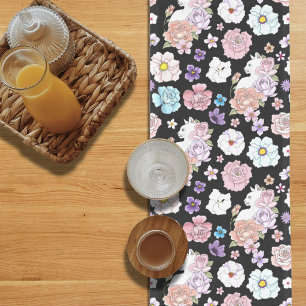 Camino De Mesa Largo Gato Blanco Floral Pastel Botánico Romántico Negro