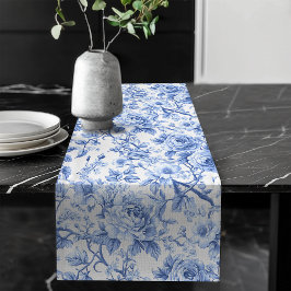 Camino De Mesa Largo Grandmillennial Blue Toile Roses Floral Table Runn
