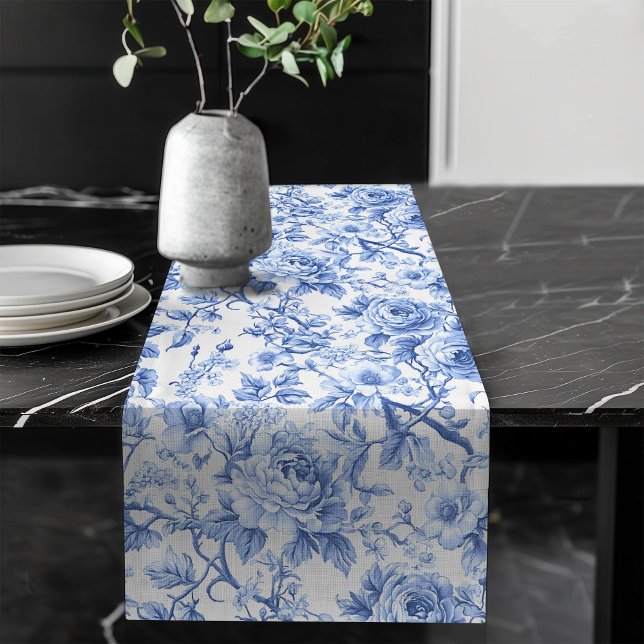 Camino De Mesa Largo Grandmillennial Blue Toile Roses Floral Table Runn (Grandmillennial Blue Toile Roses Floral Table Runner)