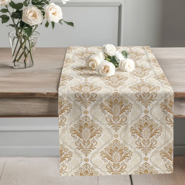 Camino De Mesa Largo Impresión de Damasco Neutral Victoriano Inagotable (Timeless Victorian Neutral Damask Print Long Table Runner)