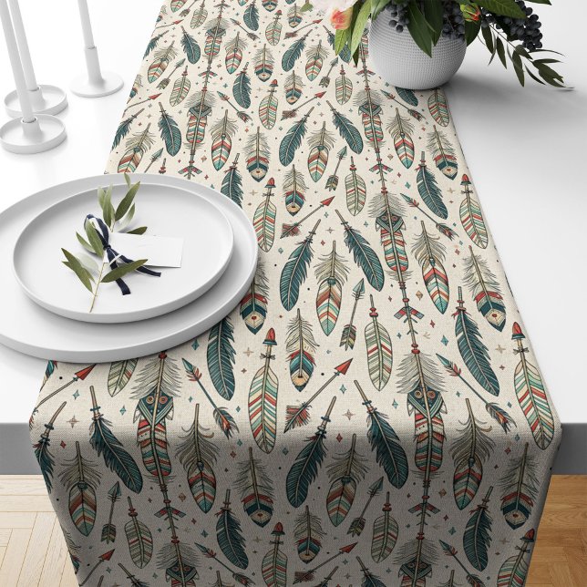 Camino De Mesa Largo Impresión de flecha de pluma tribal de caída de ta (Bohemian Table Runner Tribal Feather Arrow Print)