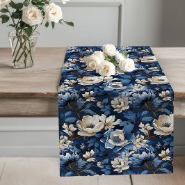 Camino De Mesa Largo Ivory and Blue Flowers Luxury Table Runner