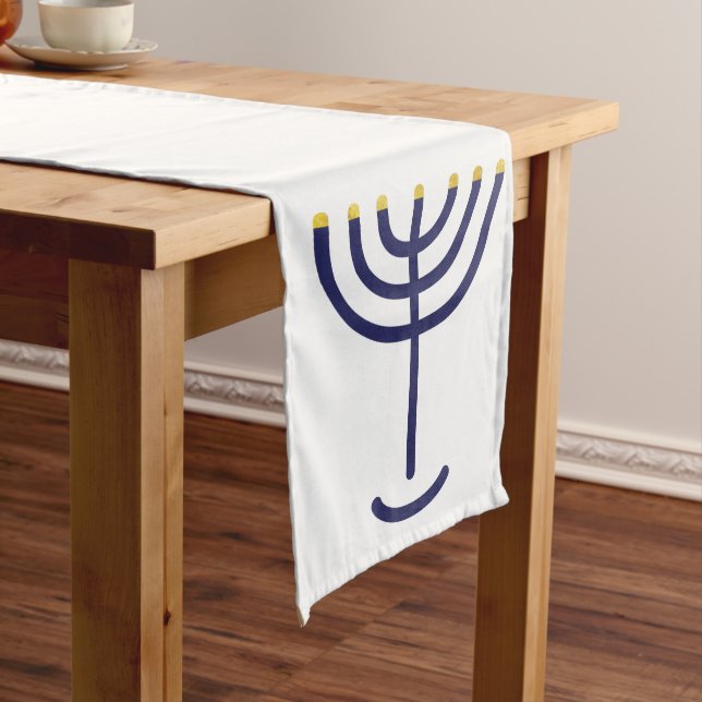 Camino De Mesa Largo Menorah Table Runner White Navy (In Situ)