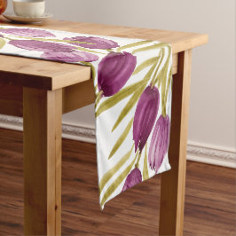 Camino De Mesa Largo Moda Tulipanes púrpura Acuarela Pintada Mano
