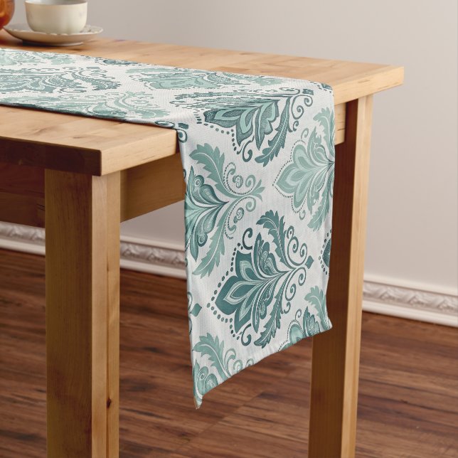 Camino De Mesa Largo Modern Teal Nordic Damask (In Situ)