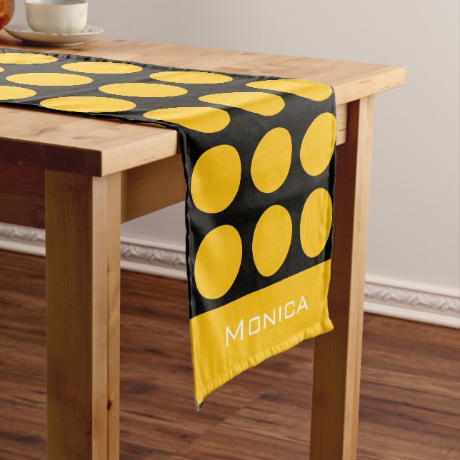 Camino De Mesa Largo Modern yellow  beige &black dots monogram name (In Situ)