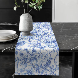 Camino De Mesa Largo Navy Blue French Toile Roses Floral Table Runner