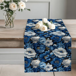 Camino De Mesa Largo Navy Flowers Blue and White Table Runner