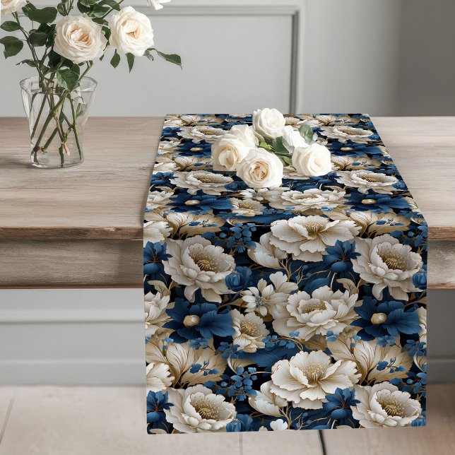 Camino De Mesa Largo Navy Flowers Ivory Dining Table Runner (Navy Flowers Ivory Dining Table Runner)