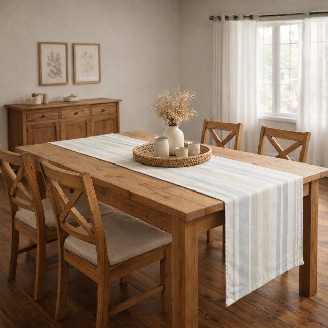 Camino De Mesa Largo Neutral Dusty Blue Striped | Rustic Farmhouse (Subido por el creador)