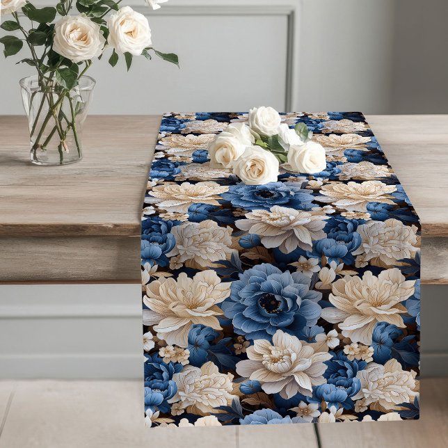 Camino De Mesa Largo Opulent Blue and Ivory Floral Table Runner (Opulent Blue and Ivory Floral Table Runner)