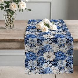 Camino De Mesa Largo Opulent blue ivory floral elegant dining decor