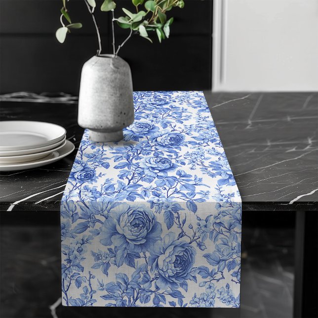 Camino De Mesa Largo Ornate Blue French Toile Roses Floral Table Runner (Ornate Blue French Toile Roses Floral Table Runner)