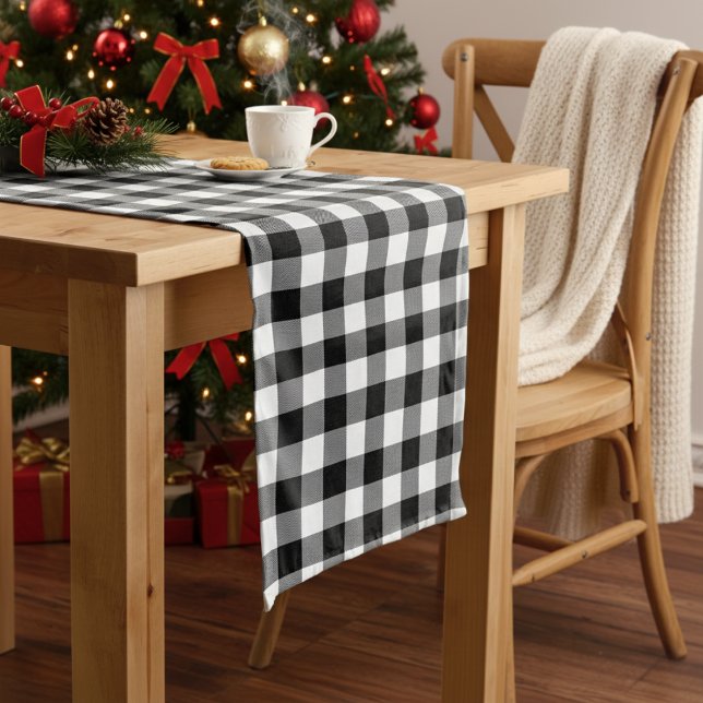 Camino De Mesa Largo Platos modernos de búfalo negros y blancos (Modern Farmhouse Black and White Buffalo Plaid Long Table Runner)