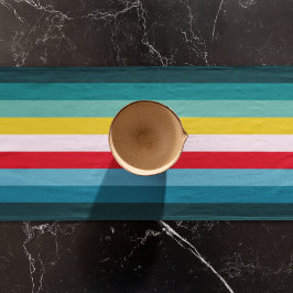 Camino De Mesa Largo Rayas rojas y amarillas entre tonos azules