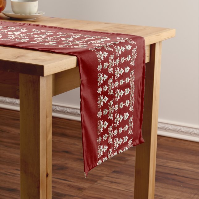 Camino De Mesa Largo Red Table Runner with Elegant White Center Design (In Situ)