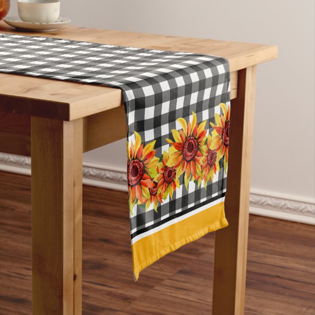 Camino De Mesa Largo Sunflowers En Black Gingham (In Situ)