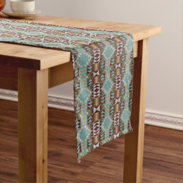 Camino De Mesa Largo Taupe Brown Turquoise Aqua Blue Tribal Pattern