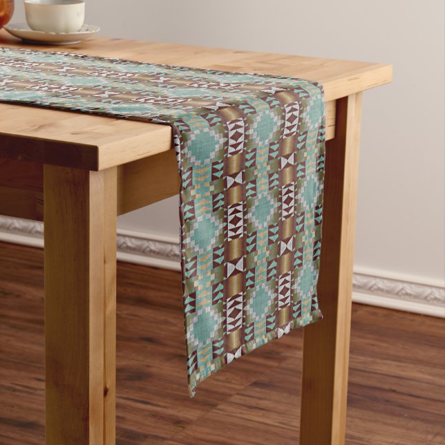 Camino De Mesa Largo Taupe Brown Turquoise Aqua Blue Tribal Pattern (In Situ)