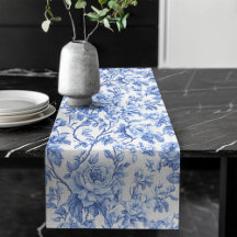 Traditional Blue Toile Roses Floral Table Runner